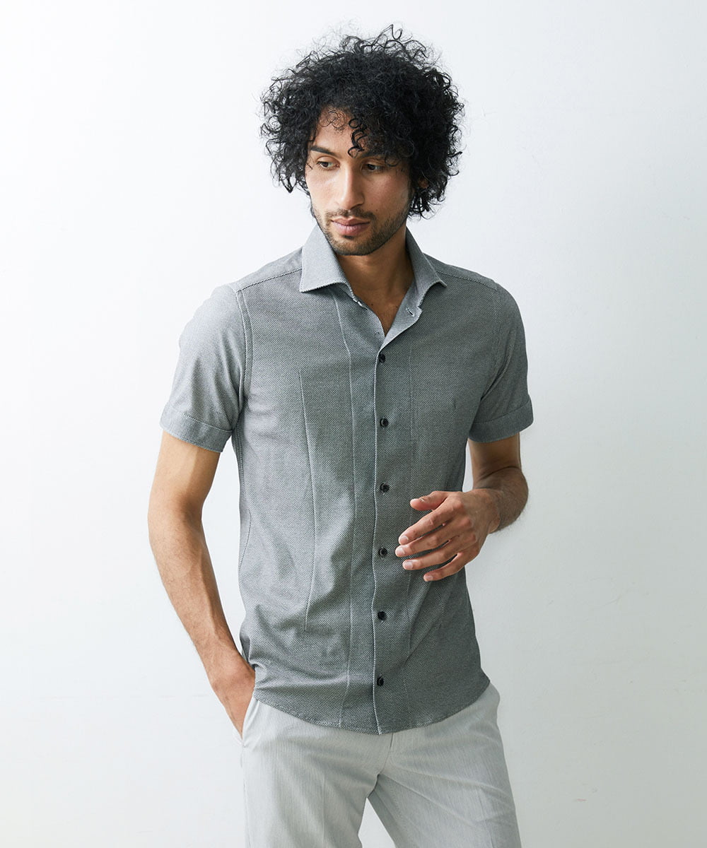 MNBGS54170 MICHEL KLEIN HOMME(ミッシェルクラン オム) ジュエリーストレッチ半袖シャツ ブラック(94)