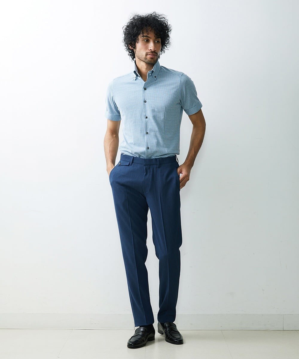 MNBGS57170 MICHEL KLEIN HOMME(ミッシェルクラン オム) 千鳥柄イージーケア半袖シャツ グリーン(35)