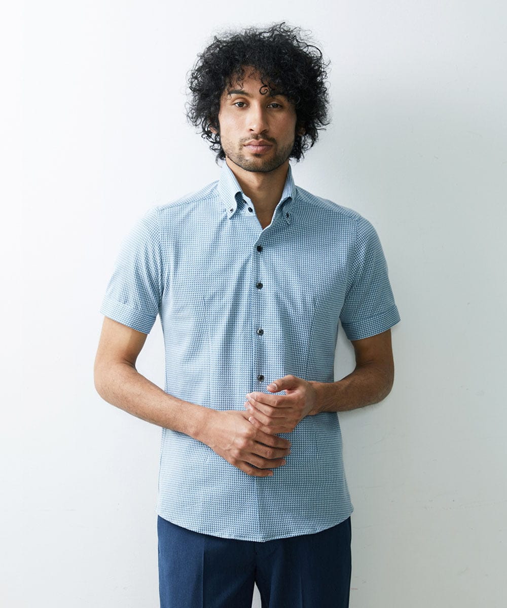 MNBGS57170 MICHEL KLEIN HOMME(ミッシェルクラン オム) 《日本製》千鳥柄イージーケア半袖シャツ グリーン