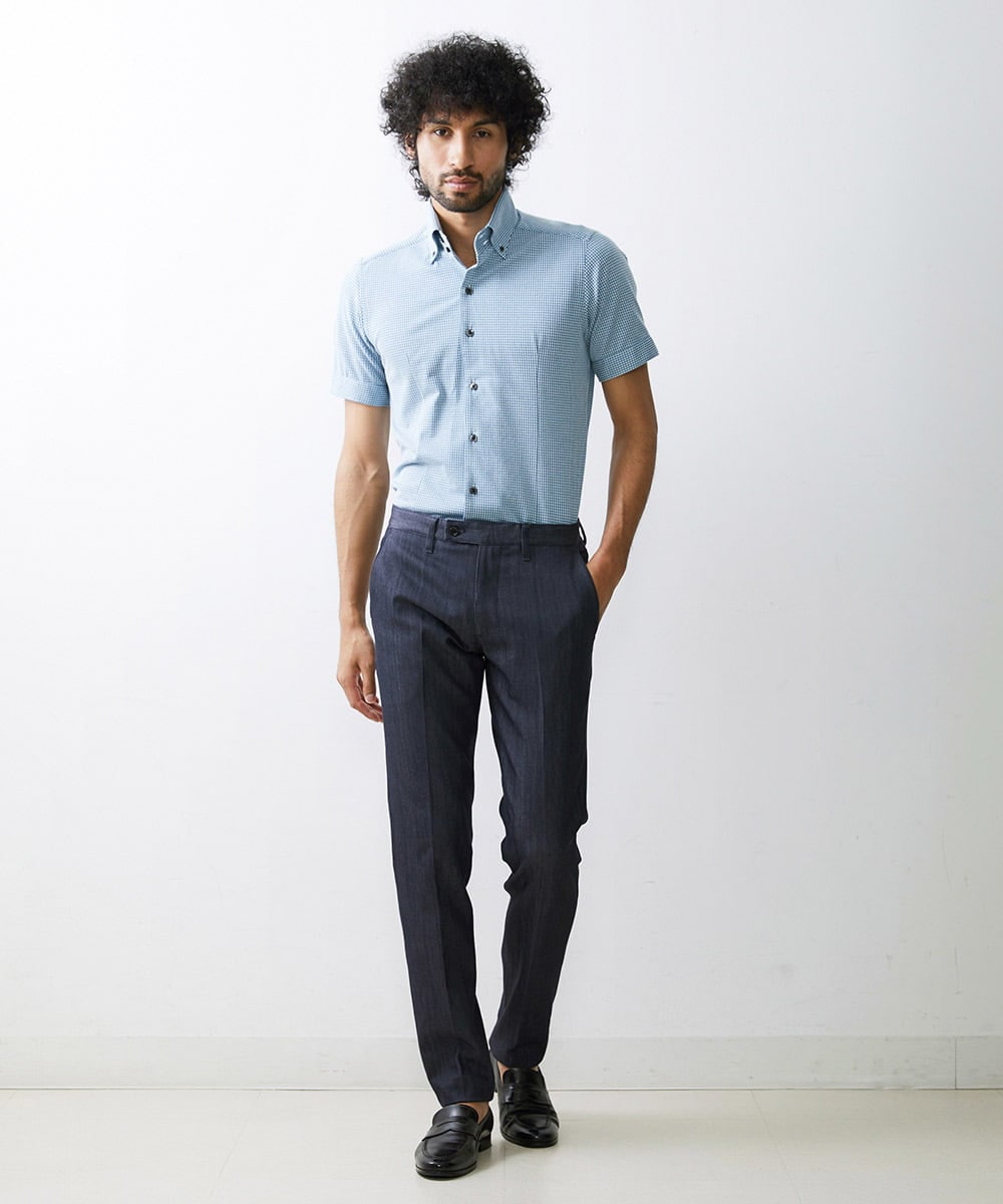 MNBGS57170 MICHEL KLEIN HOMME(ミッシェルクラン オム) 《日本製》千鳥柄イージーケア半袖シャツ グリーン