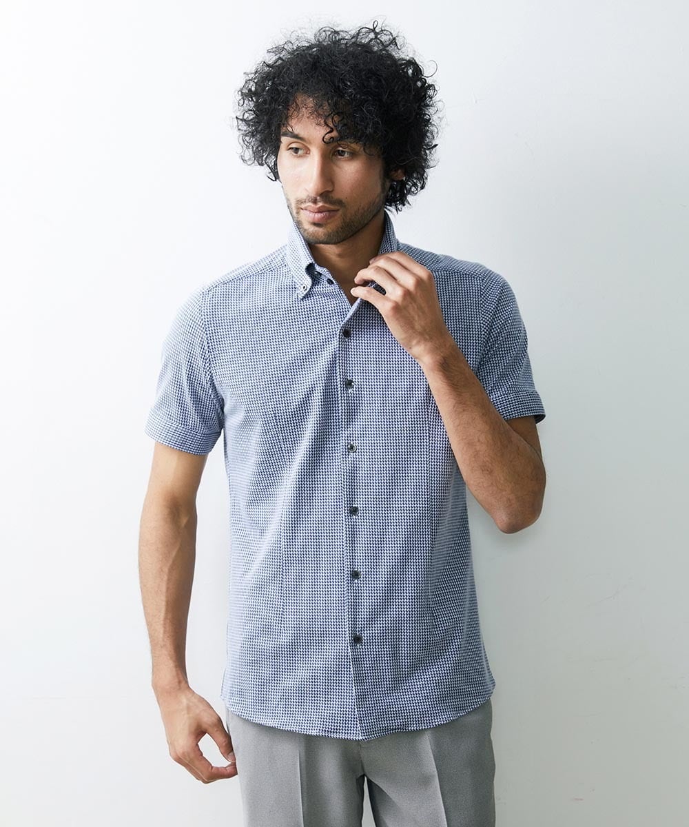 MNBGS57170 MICHEL KLEIN HOMME 《日本製》千鳥柄イージーケア半袖シャツ