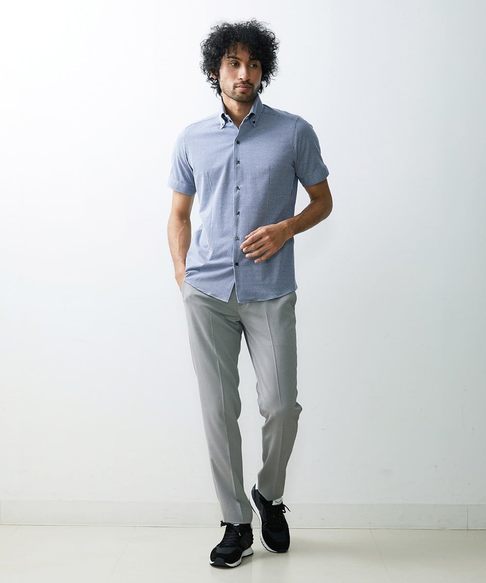 MNBGS57170 MICHEL KLEIN HOMME(ミッシェルクラン オム) 《日本製》千鳥柄イージーケア半袖シャツ ブルー