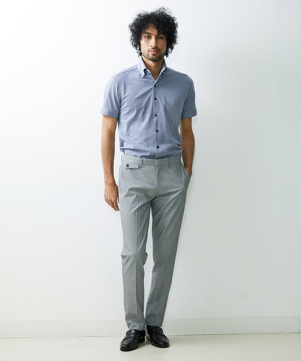 MNBGS57170 MICHEL KLEIN HOMME(ミッシェルクラン オム) 千鳥柄イージーケア半袖シャツ ブルー(56)