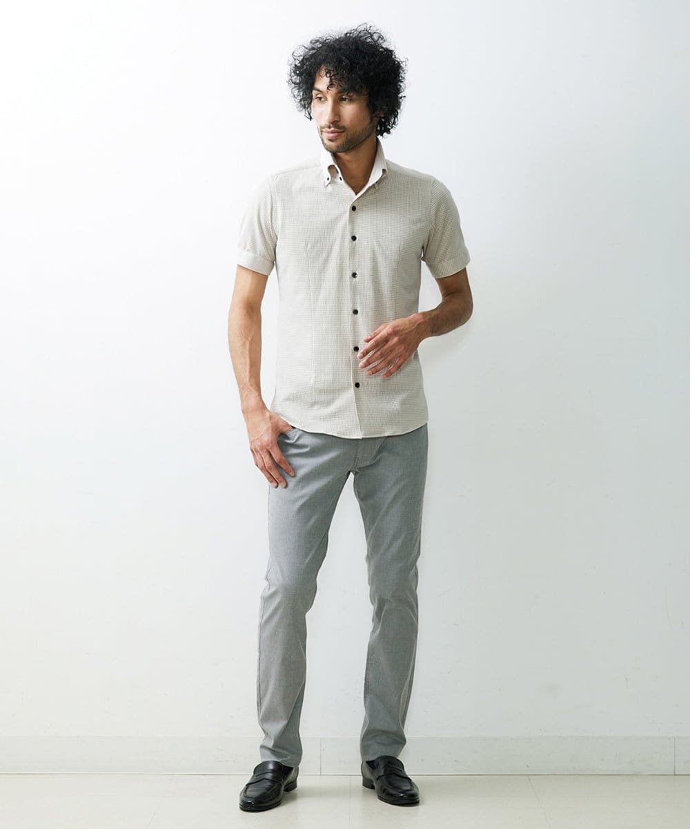 MNBGS57170 MICHEL KLEIN HOMME(ミッシェルクラン オム) 《日本製》千鳥柄イージーケア半袖シャツ ベージュ