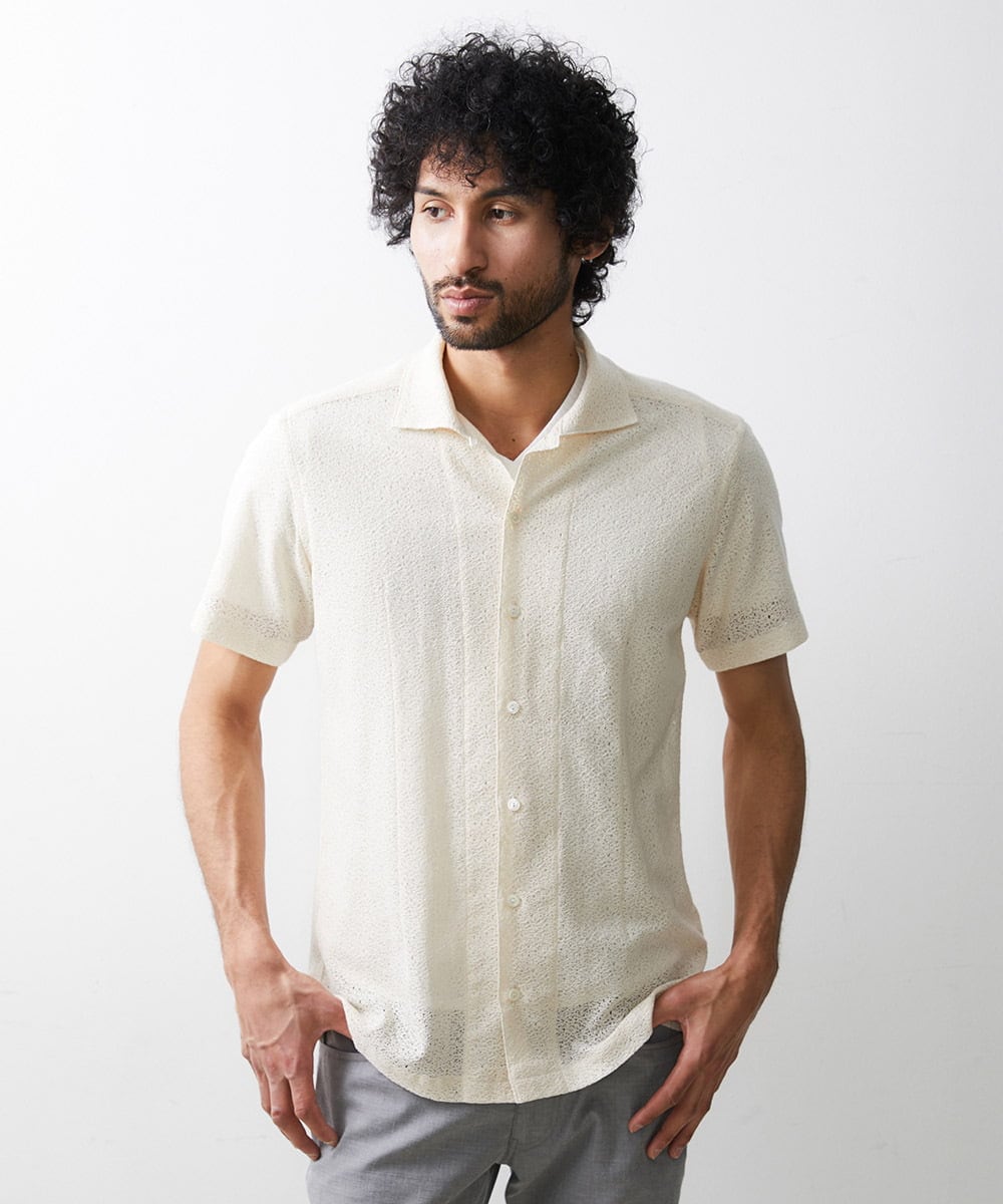 MNBGS61200 MICHEL KLEIN HOMME(ミッシェルクラン オム) 《日本製》レース柄半袖シャツ アイボリー