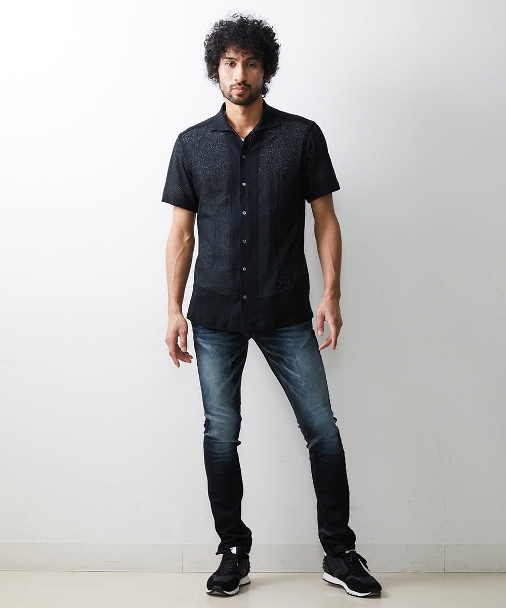 MNBGS61200 MICHEL KLEIN HOMME(ミッシェルクラン オム) 《日本製》レース柄半袖シャツ ブラック