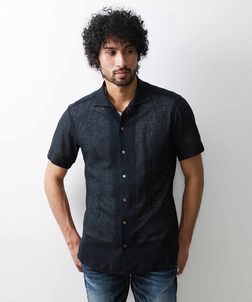 MNBGS61200 MICHEL KLEIN HOMME(ミッシェルクラン オム) 《日本製》レース柄半袖シャツ ブラック(94)