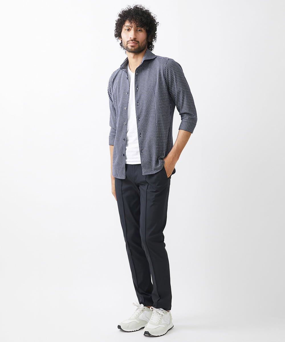 MNBGX67180 MICHEL KLEIN HOMME(ミッシェルクラン オム) 《日本製》立体柄ストレッチラッセル七分袖シャツ ネイビー