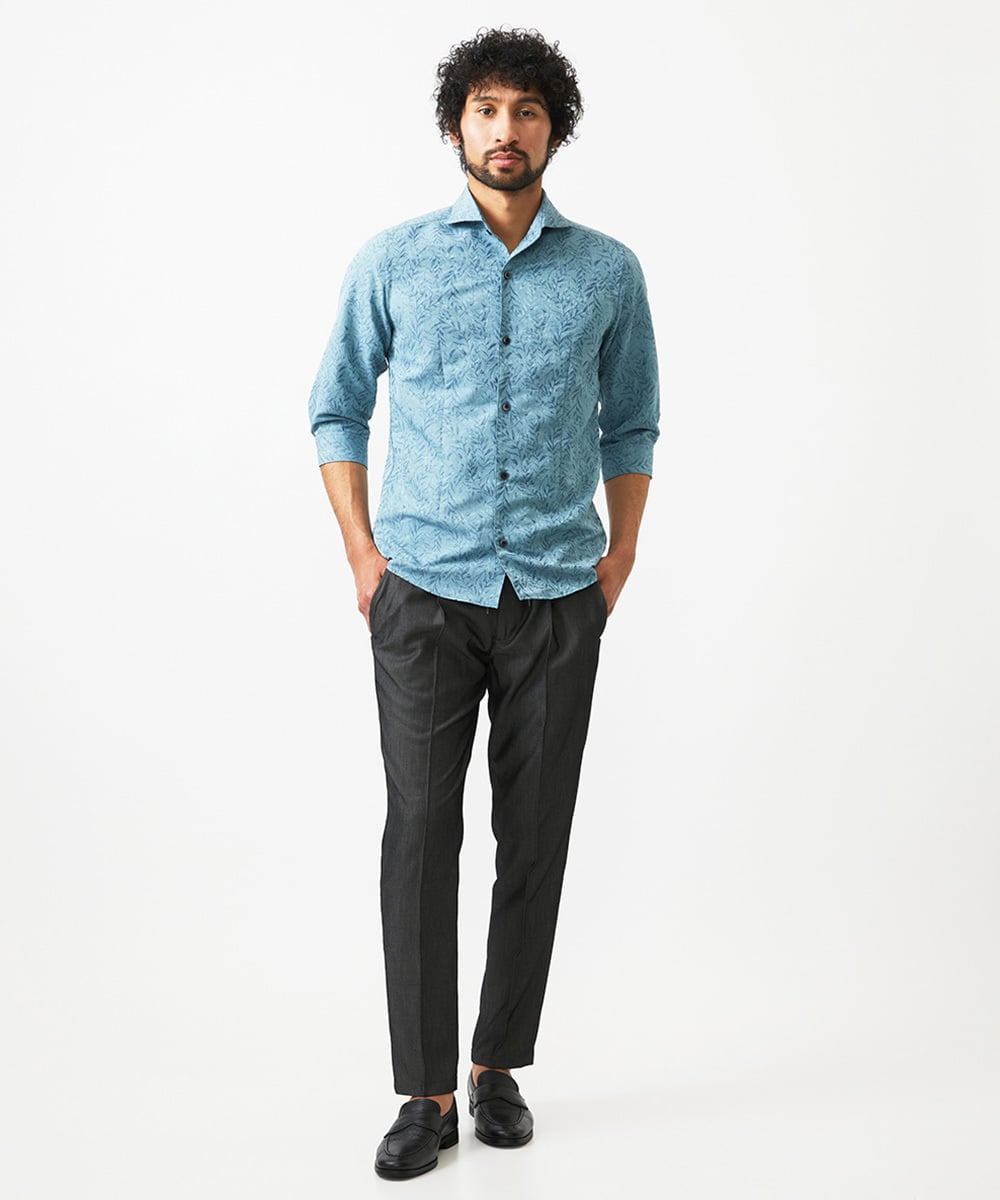 MNBHA66270 MICHEL KLEIN HOMME(ミッシェルクラン オム) 《日本製》ボタニカル柄七分袖シャツ グリーン