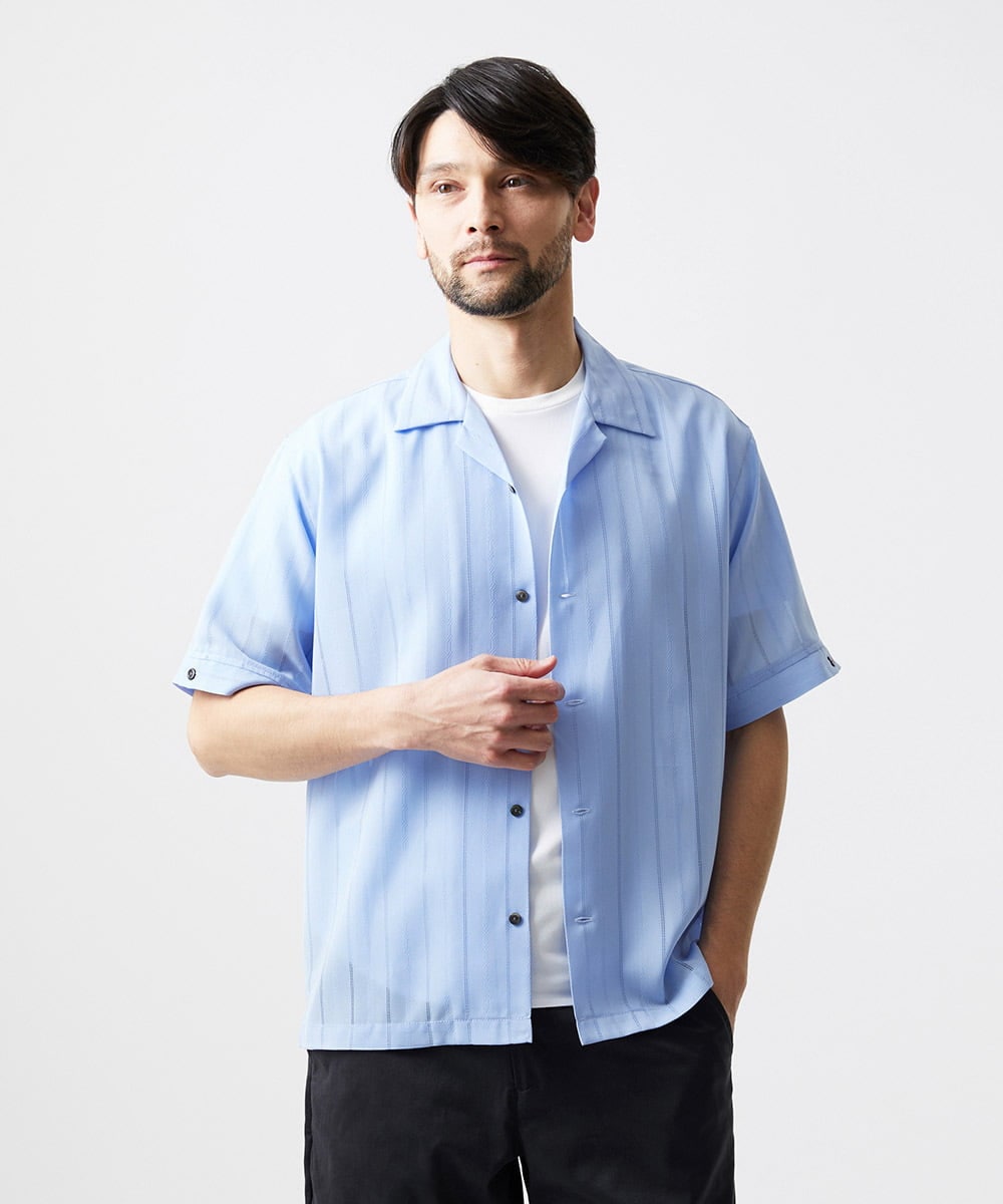 MNBHF59230 MICHEL KLEIN HOMME(ミッシェルクラン オム) ストライプリラックス半袖シャツ ライトブルー