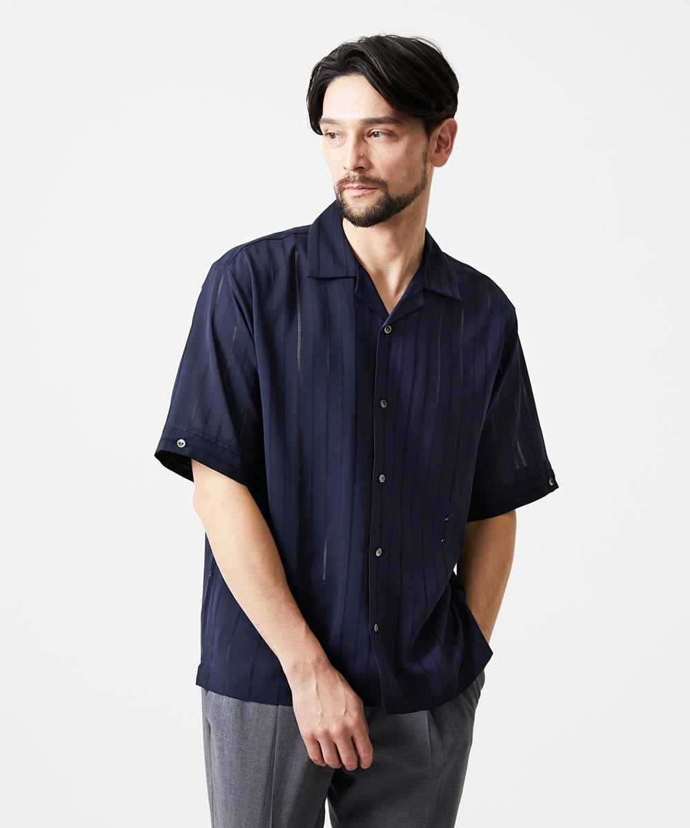 MNBHF59230 MICHEL KLEIN HOMME(ミッシェルクラン オム) ストライプリラックス半袖シャツ ネイビー