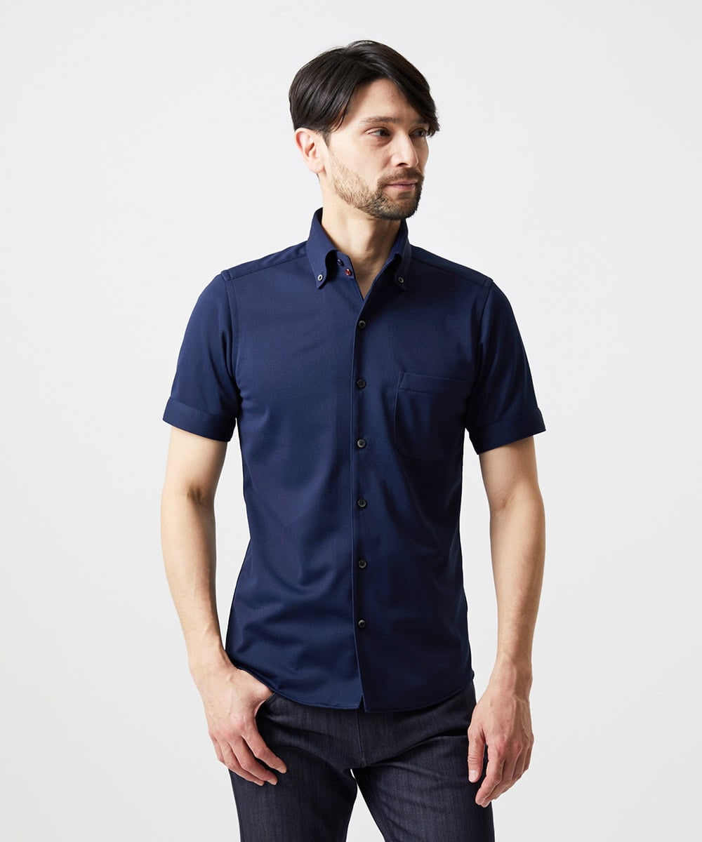 MNBHF64180 MICHEL KLEIN HOMME(ミッシェルクラン オム) 《日本製》イージーケアボタンダウン半袖シャツ ネイビー