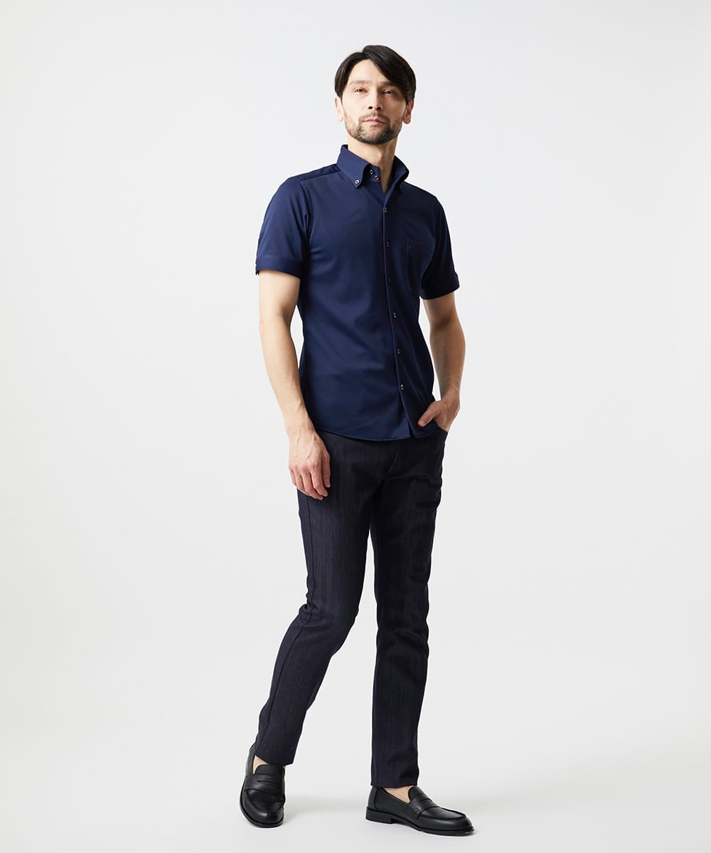 MNBHF64180 MICHEL KLEIN HOMME(ミッシェルクラン オム) 《日本製》イージーケアボタンダウン半袖シャツ ネイビー