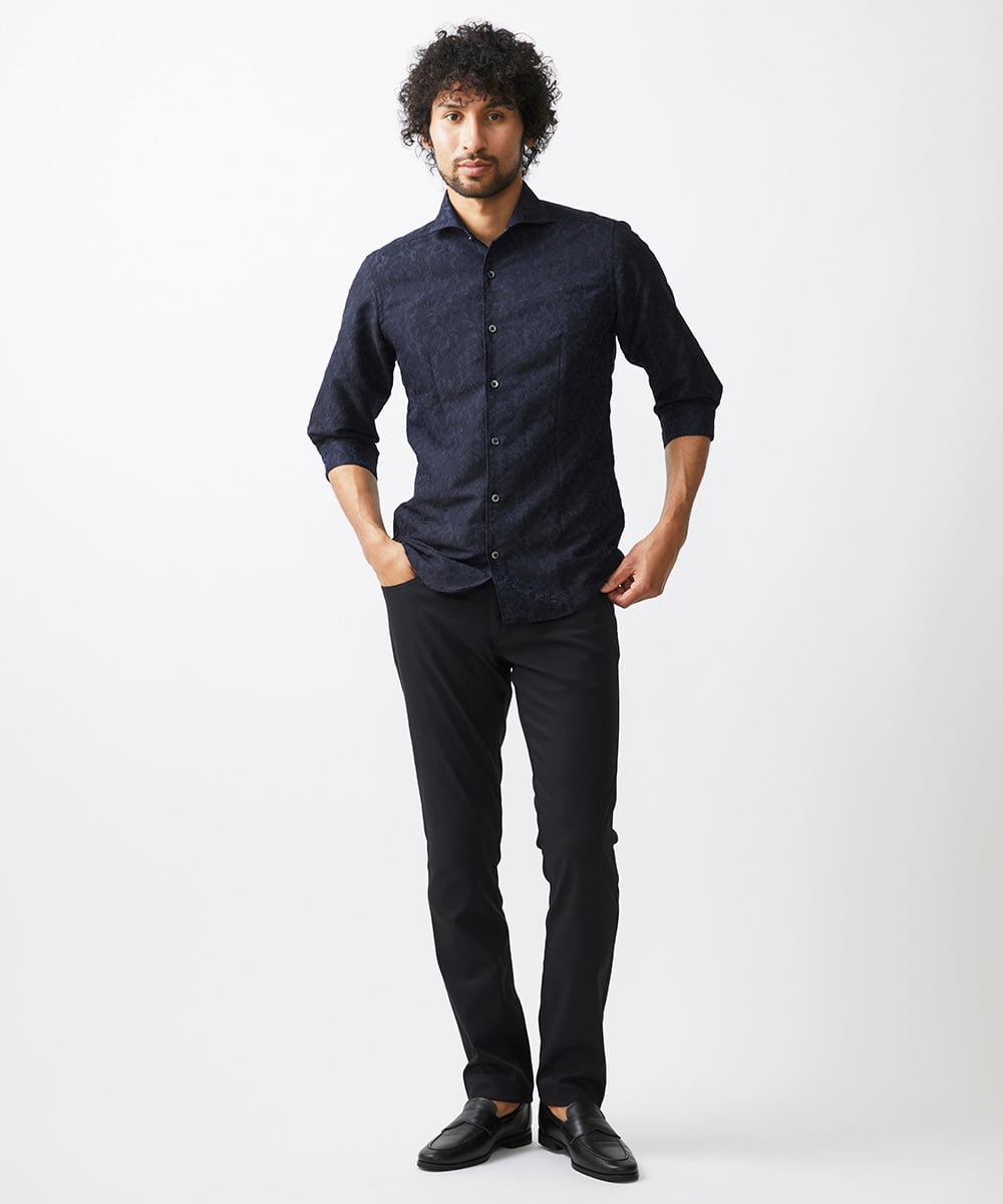 MNBHX62250 MICHEL KLEIN HOMME(ミッシェルクラン オム) 《日本製》ボタニカル柄七分袖シャツ ネイビー