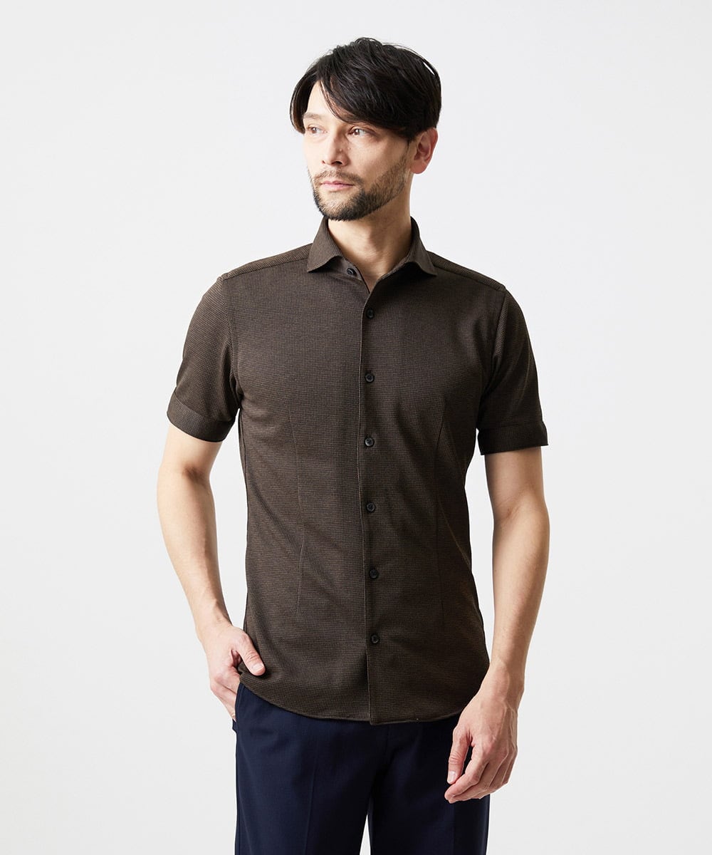 MNBIF01200 MICHEL KLEIN HOMME(ミッシェルクラン オム) 《日本製》チドリ柄半袖シャツ ブラウン