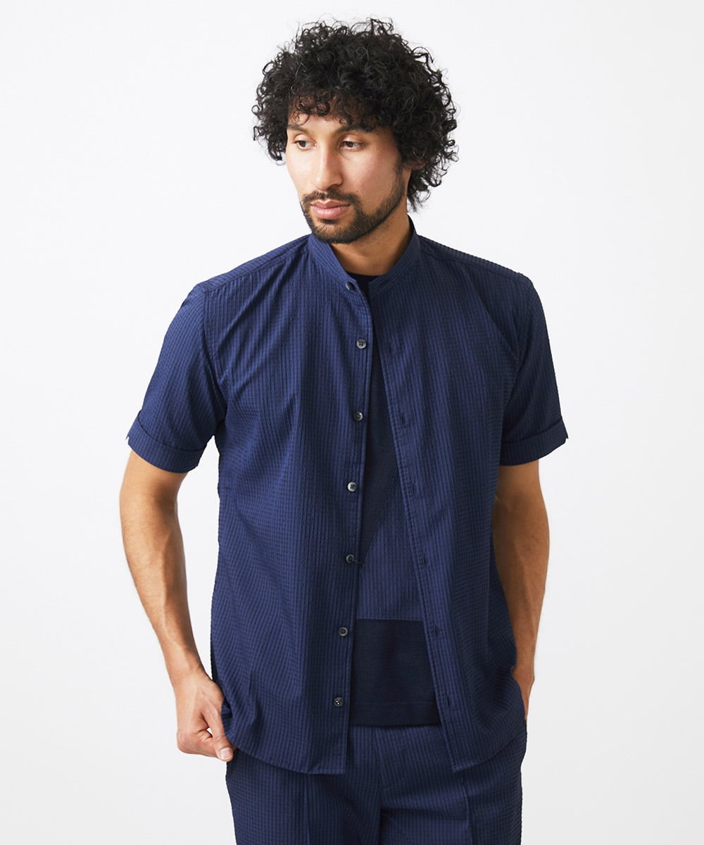 MNBJC63230 MICHEL KLEIN HOMME(ミッシェルクラン オム) バンドカラー半袖シャツ ネイビー