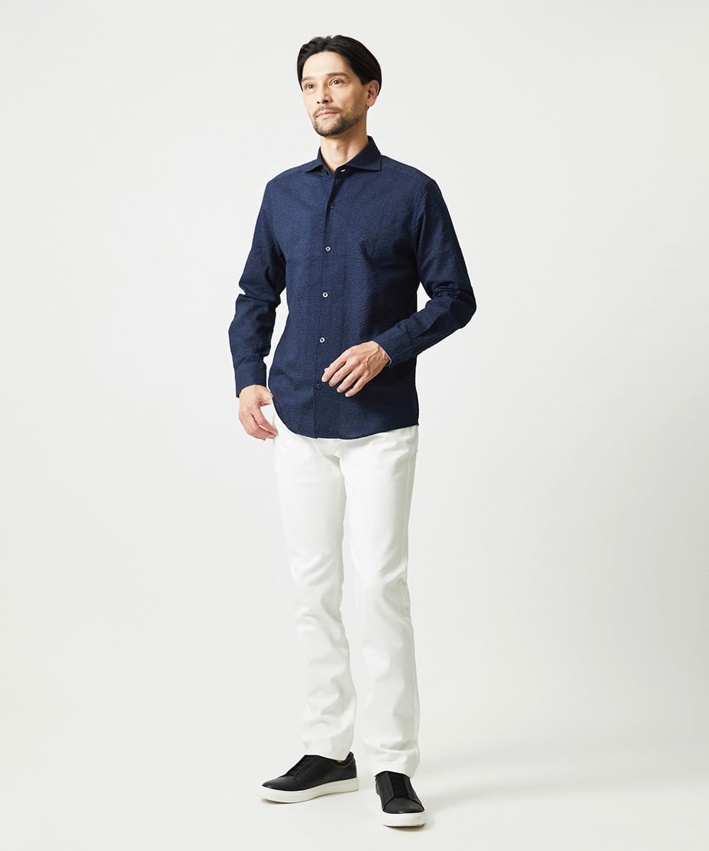 MNBJD53230 MICHEL KLEIN HOMME(ミッシェルクラン オム) コットンウェーブ長袖シャツ ネイビー