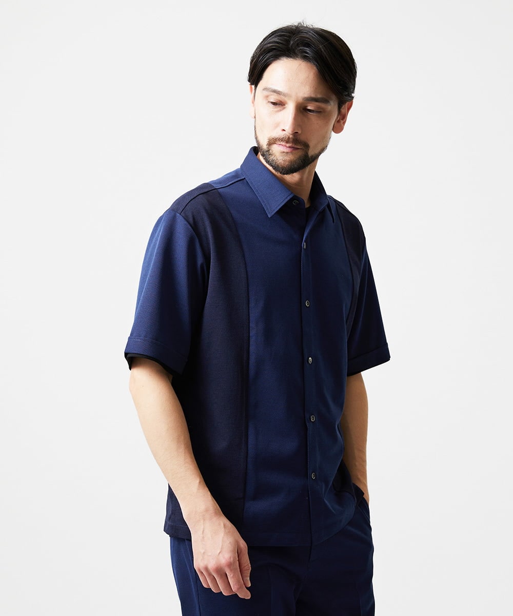 MNBJD63250 MICHEL KLEIN HOMME(ミッシェルクラン オム) 【セットアップ】異素材コンビ半袖シャツ ブルー