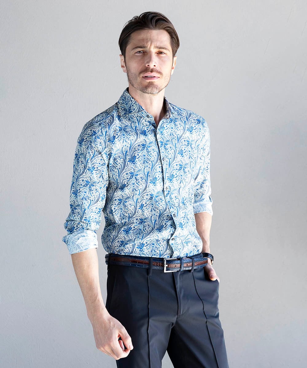 MNBJX50290 MICHEL KLEIN HOMME(ミッシェルクラン オム) 《日本製》フラワー柄長袖シャツ ネイビー