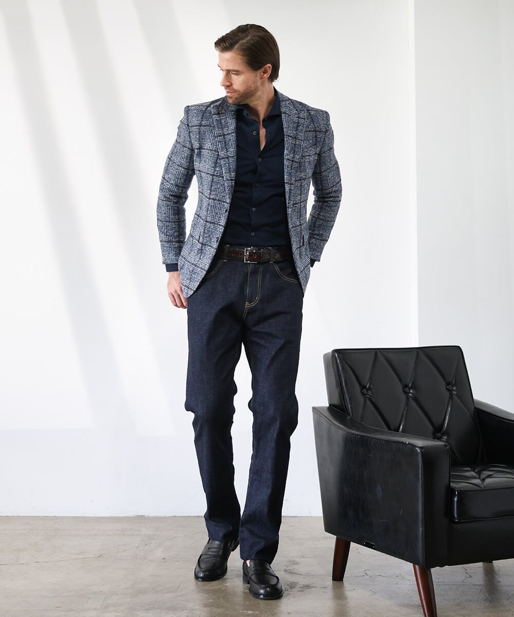 MNDAI52630 MICHEL KLEIN HOMME(ミッシェルクラン オム) チェック柄ピークドラペルジャケット ブルー