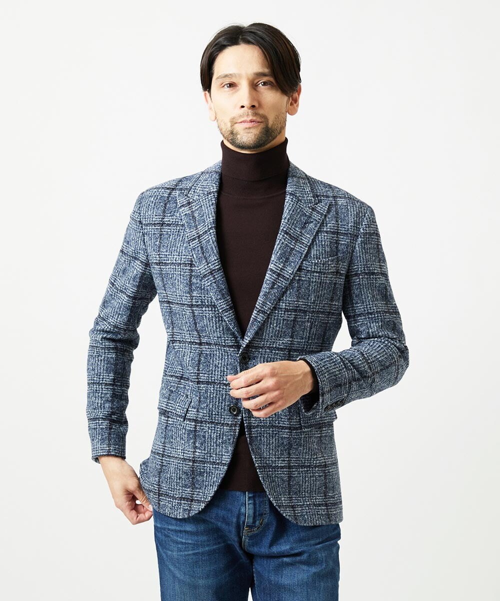 MNDAI52630 MICHEL KLEIN HOMME(ミッシェルクラン オム) チェック柄ピークドラペルジャケット ブルー