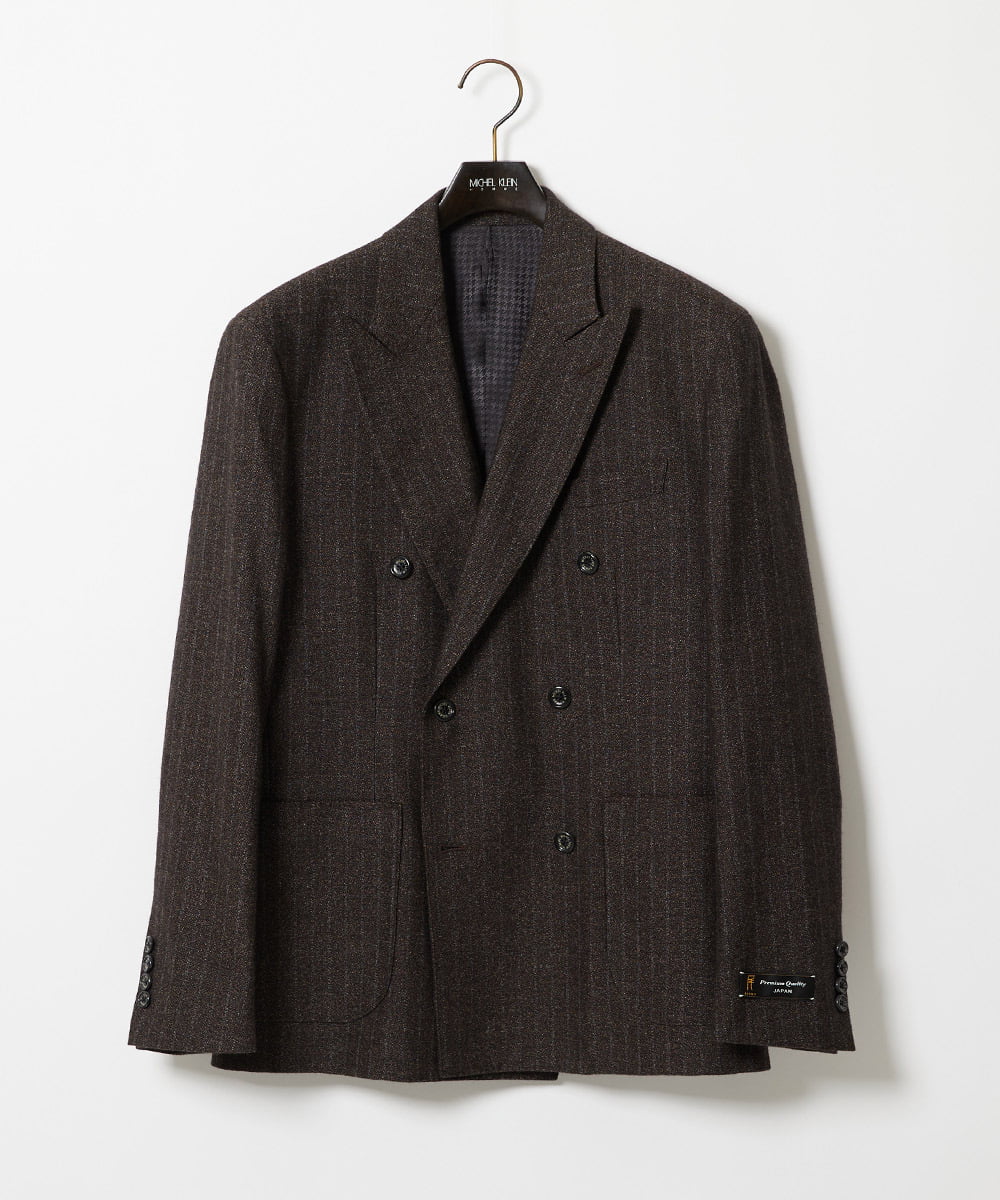MNDAI53550 MICHEL KLEIN HOMME(ミッシェルクラン オム) ストライプ柄ウールコットンダブルジャケット ブラウン