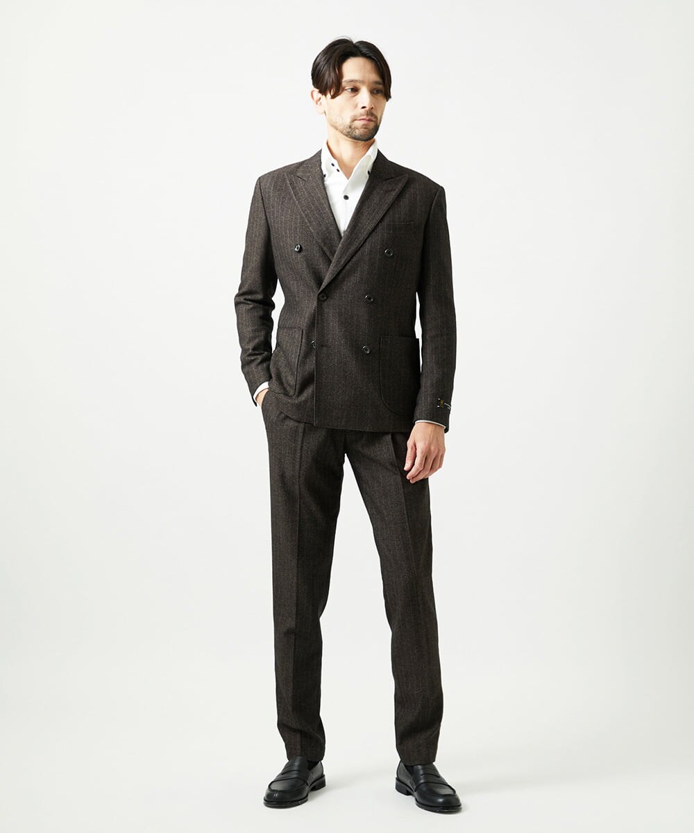 MNDAI53550 MICHEL KLEIN HOMME(ミッシェルクラン オム) ストライプ柄ウールコットンダブルジャケット ブラウン