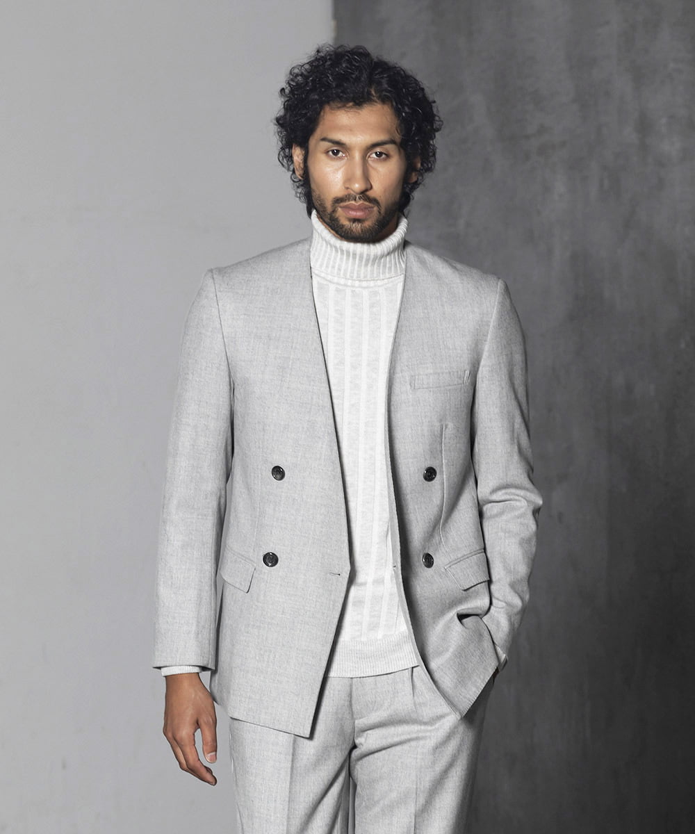 MNDAV82450 MICHEL KLEIN HOMME(ミッシェルクラン オム) ノーカラーダブルジャケット ライトグレー(91)