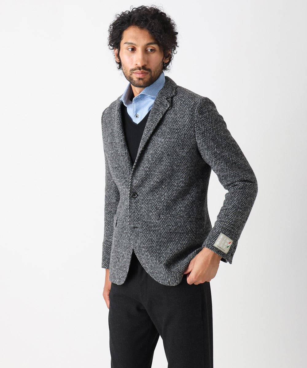 MNDCA73590 MICHEL KLEIN HOMME(ミッシェルクラン オム) へリンボン柄コンバーチブルウールジャケット ダークグレー