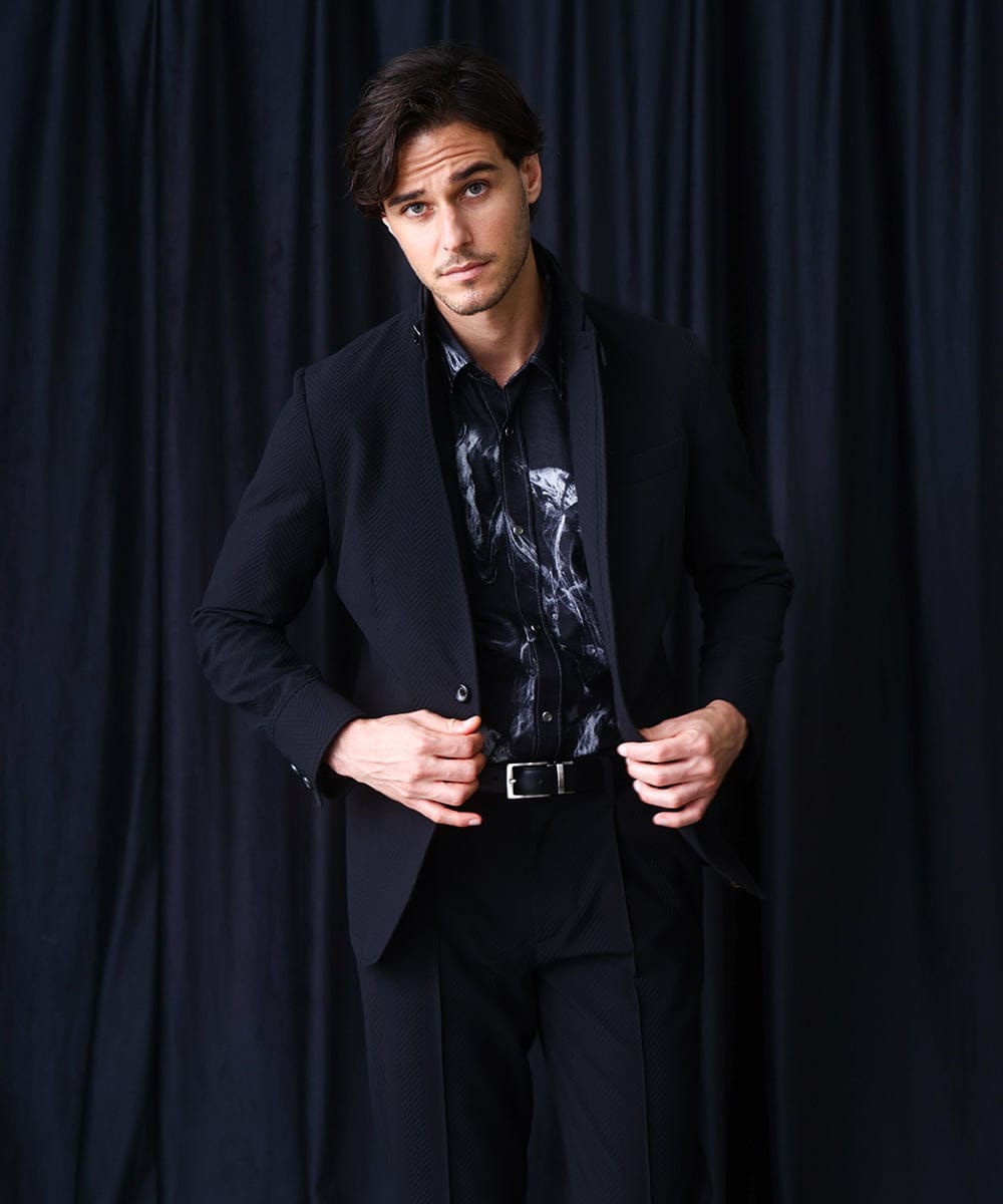 MNDCD51490 MICHEL KLEIN HOMME(ミッシェルクラン オム) 【セットアップ】ビックへリンボンコンバーチブルジャケット ブラック