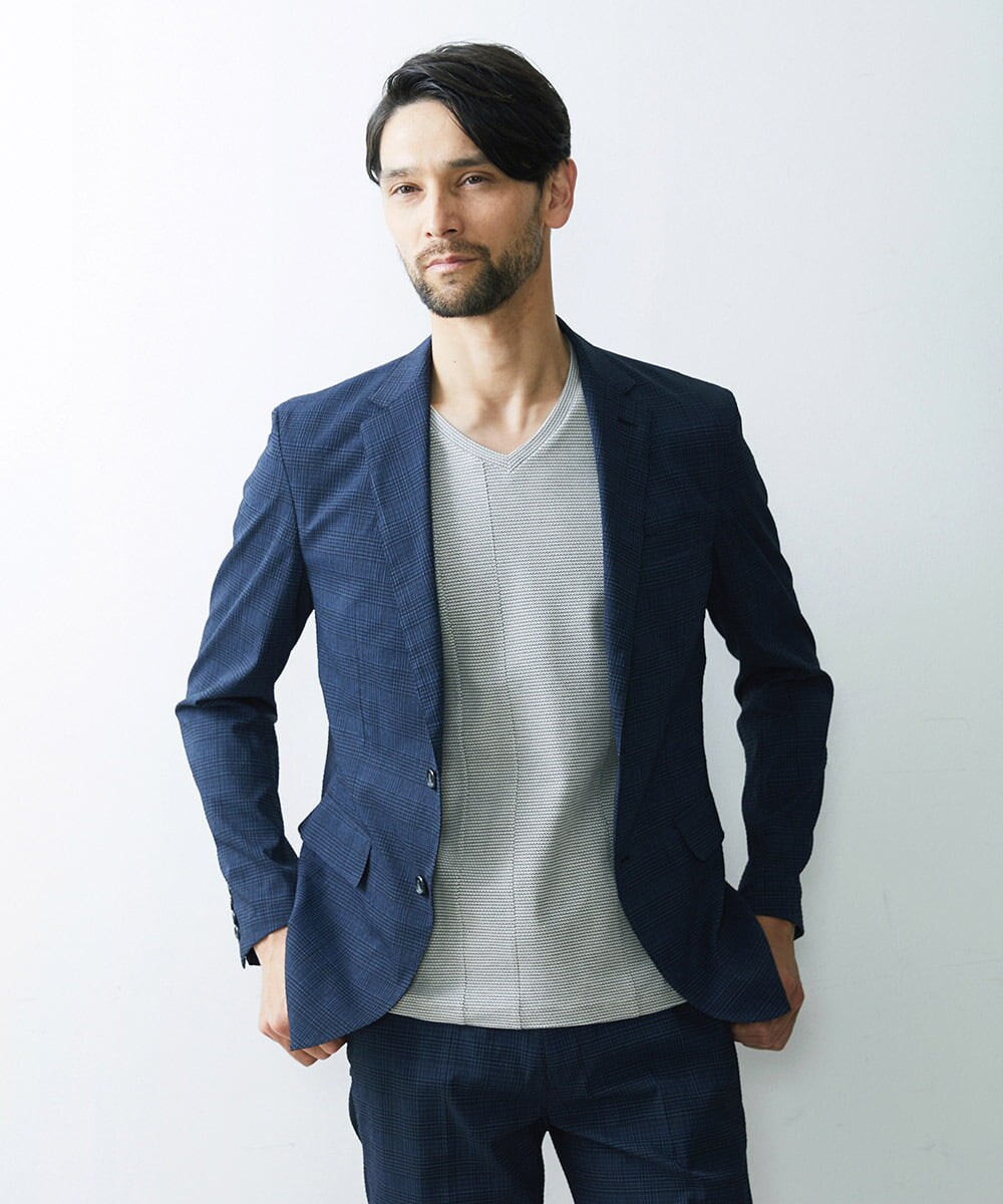 MNDGS03390 MICHEL KLEIN HOMME(ミッシェルクラン オム) チェック柄サッカージャケット ブルー(55)