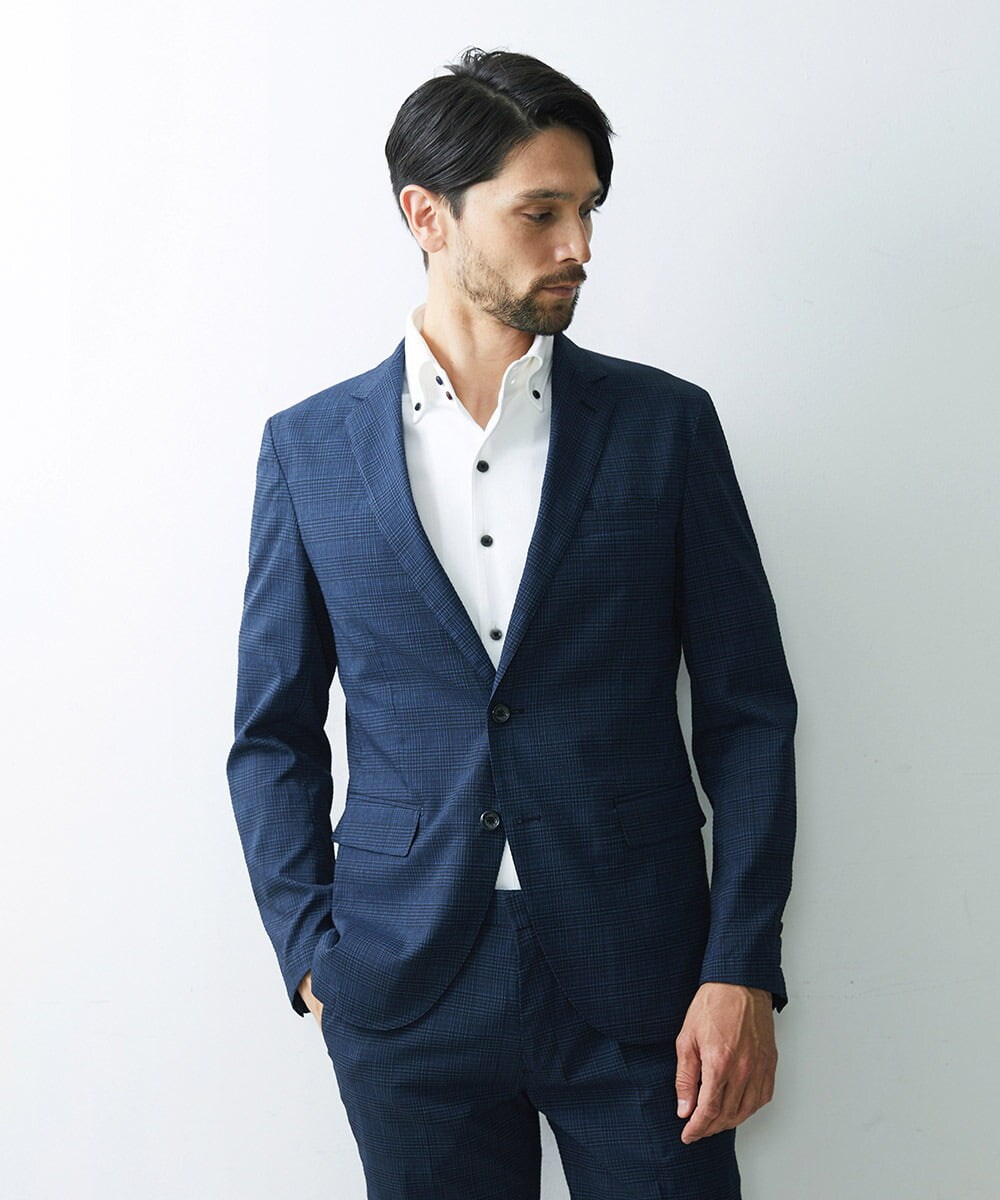 MNDGS03390 MICHEL KLEIN HOMME(ミッシェルクラン オム) チェック柄サッカージャケット ブルー(55)