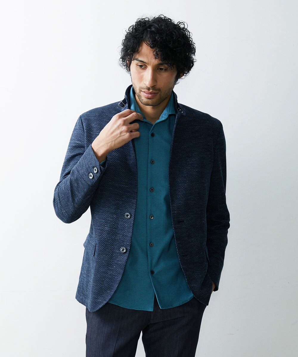 MNDGS46430 MICHEL KLEIN HOMME(ミッシェルクラン オム) へリンボン柄ジャージージャケット ブルー(55)
