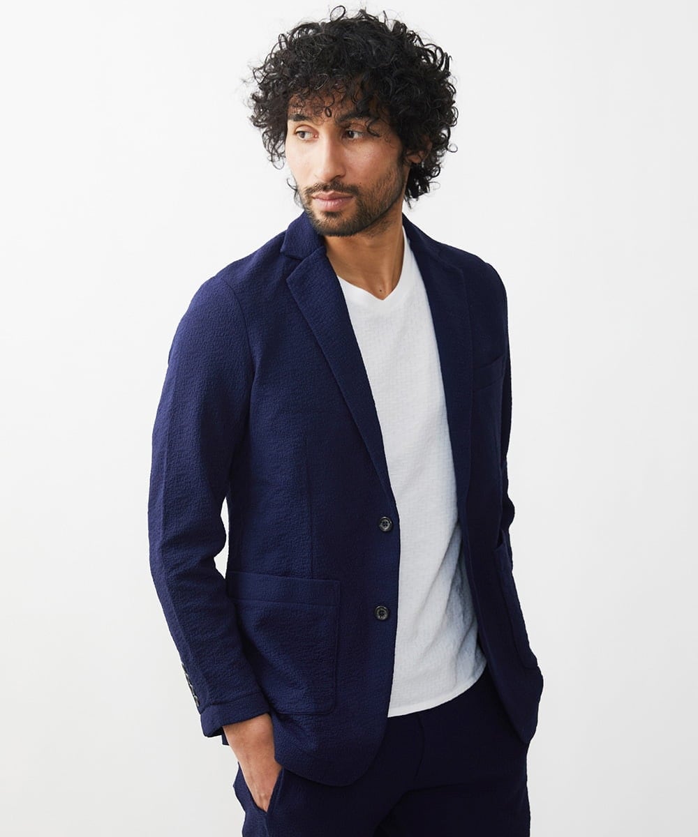 MNDGX58400 MICHEL KLEIN HOMME(ミッシェルクラン オム) ブランドロゴ刺繍入りニットジャケット セットアップ ネイビー