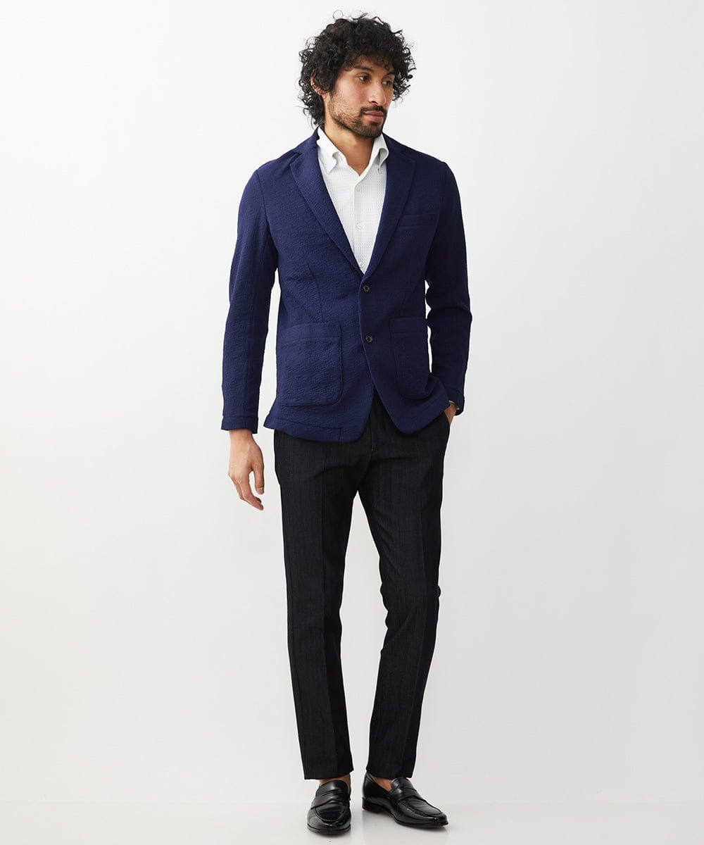 MNDGX58400 MICHEL KLEIN HOMME(ミッシェルクラン オム) ブランドロゴ刺繍入りニットジャケット セットアップ ネイビー