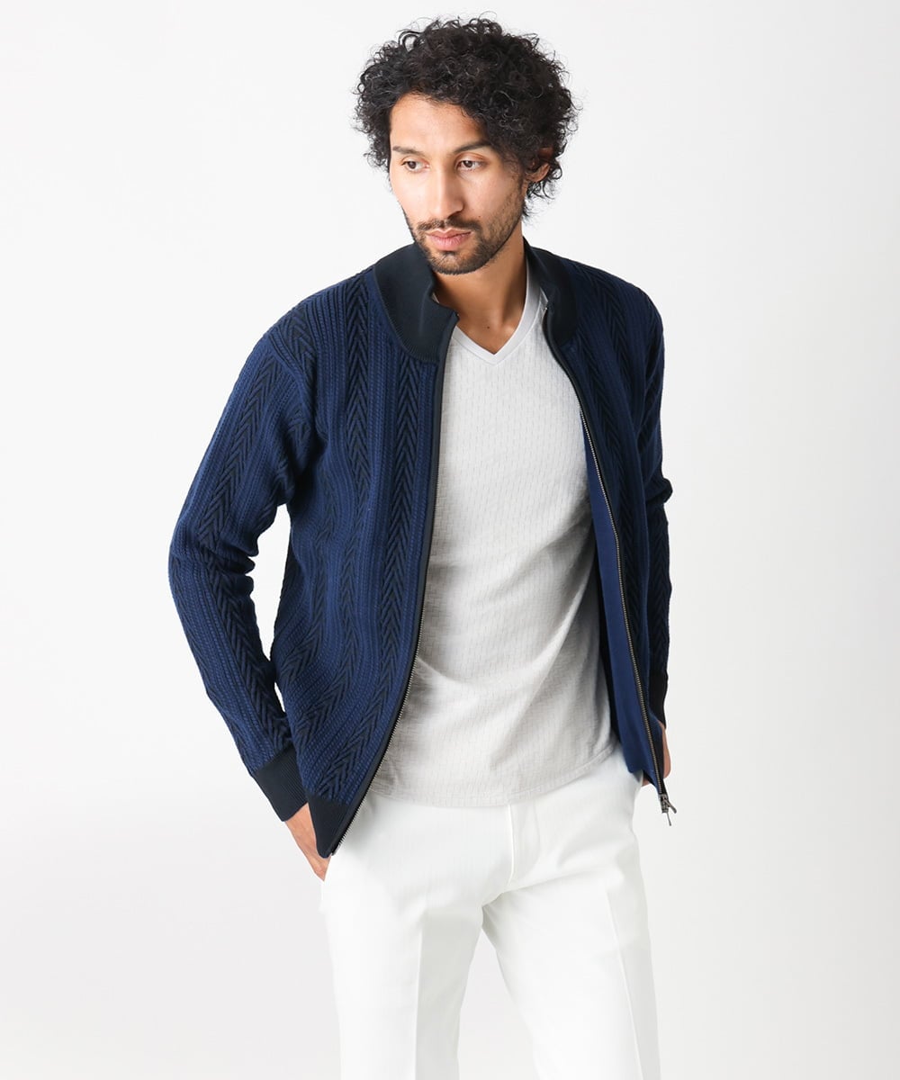 MNFAC52230 MICHEL KLEIN HOMME(ミッシェルクラン オム) へリンボンニットカーディガン ネイビー