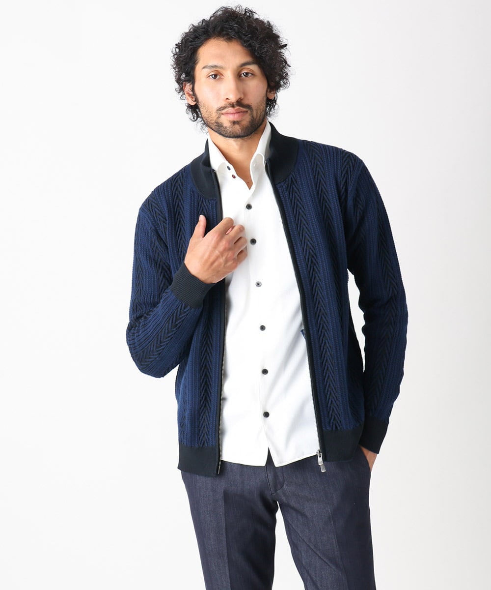 MNFAC52230 MICHEL KLEIN HOMME(ミッシェルクラン オム) へリンボンニットカーディガン ネイビー