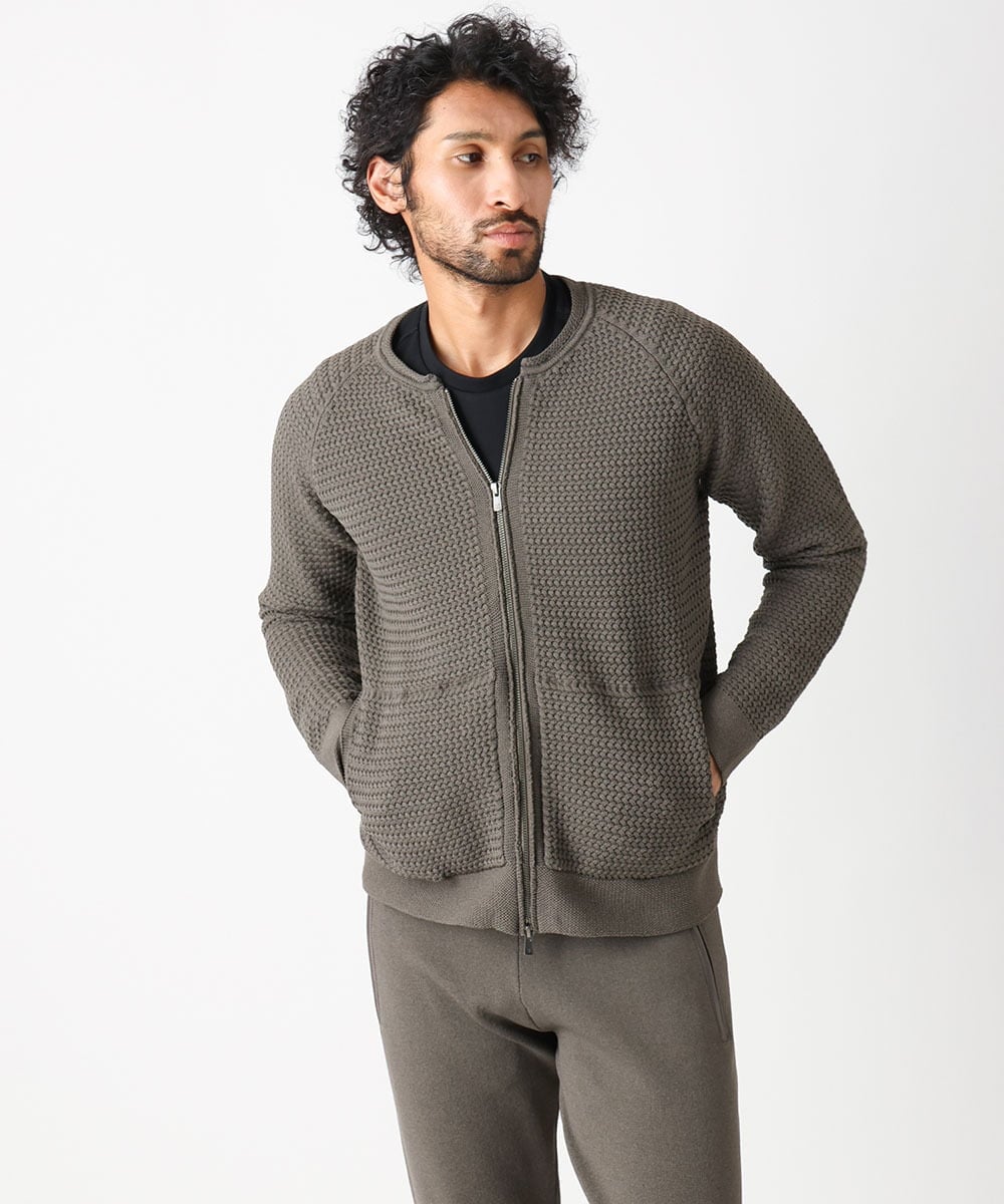 MNFAC54230 MICHEL KLEIN HOMME(ミッシェルクラン オム) ニットノーカラーブルゾン セットアップ ブラウン