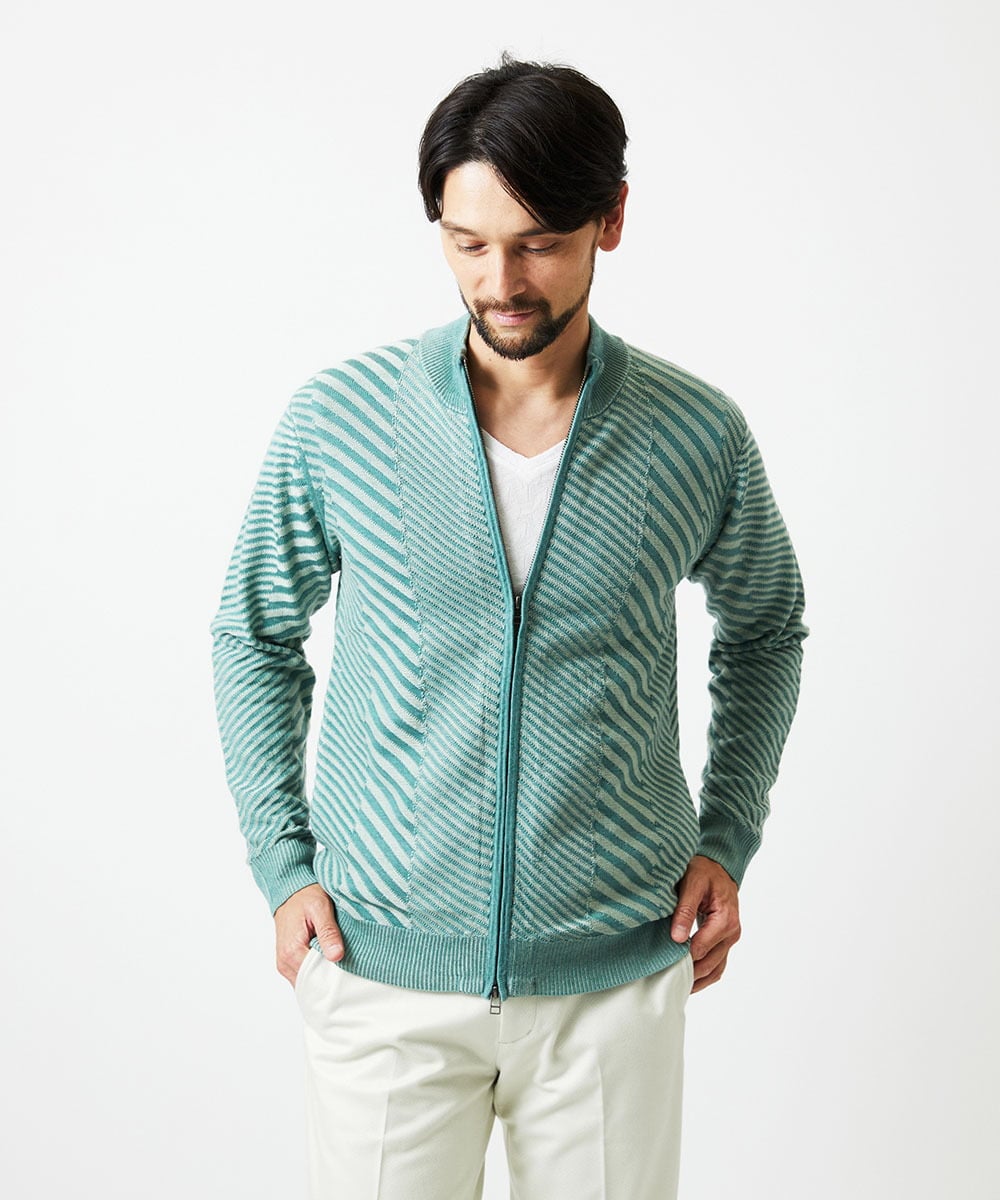 MNFAF02200 MICHEL KLEIN HOMME(ミッシェルクラン オム) グラデーションスタンドカラーニットブルゾン グリーン