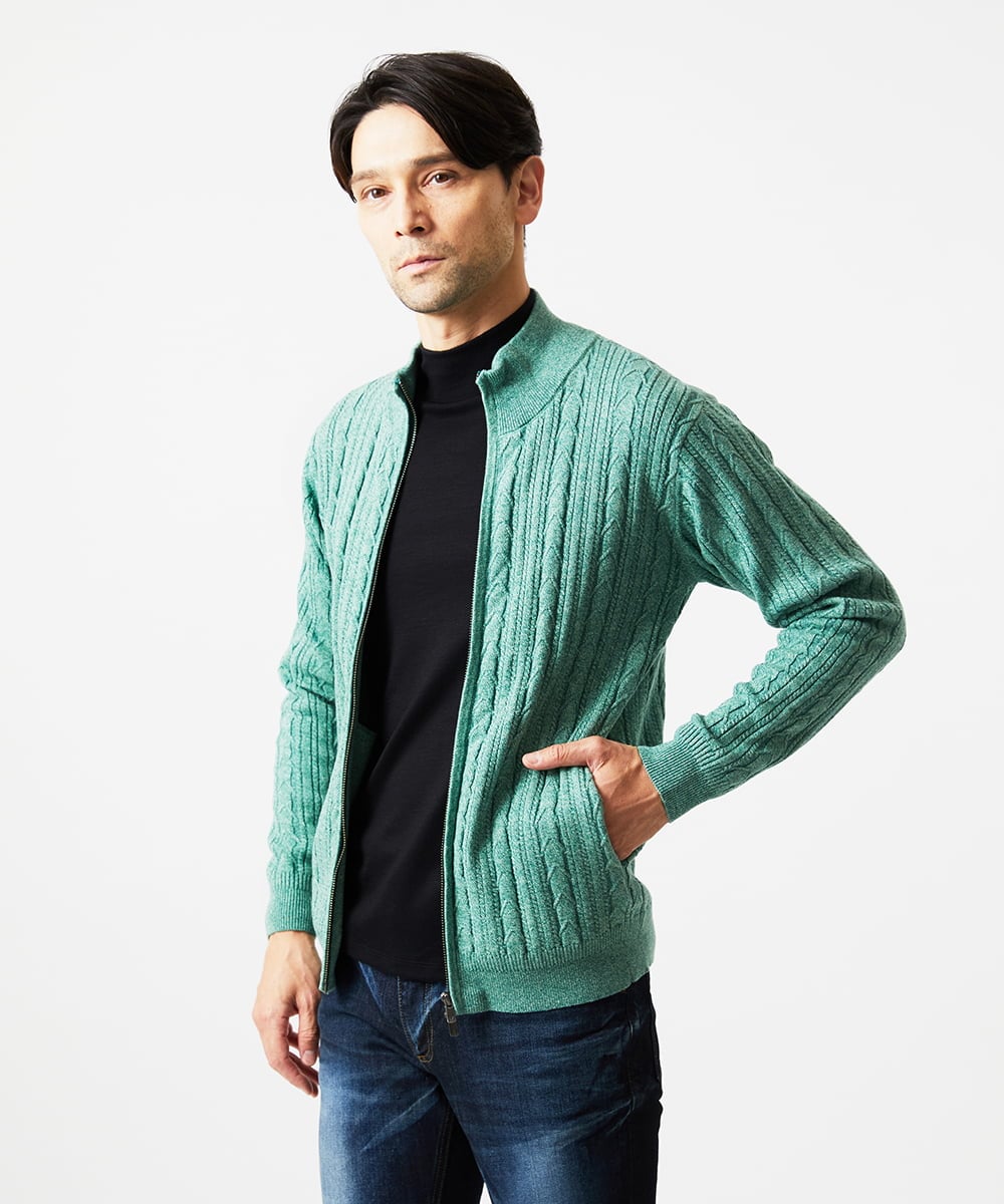 MNFAF51230 MICHEL KLEIN HOMME(ミッシェルクラン オム) 編み込みスタンドカラーニットブルゾン グリーン