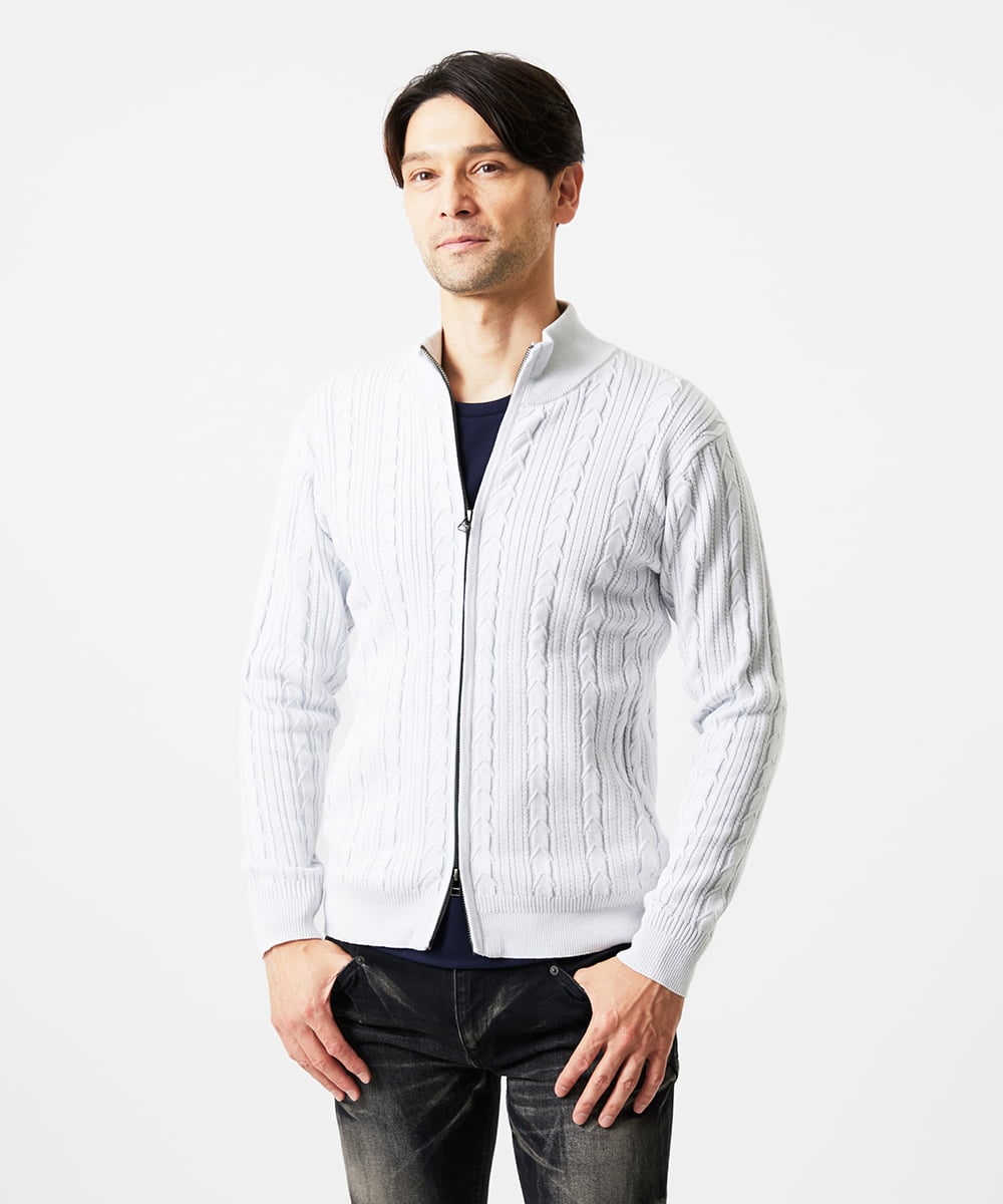 MNFAF51230 MICHEL KLEIN HOMME(ミッシェルクラン オム) 編み込みスタンドカラーニットブルゾン ライトグレー