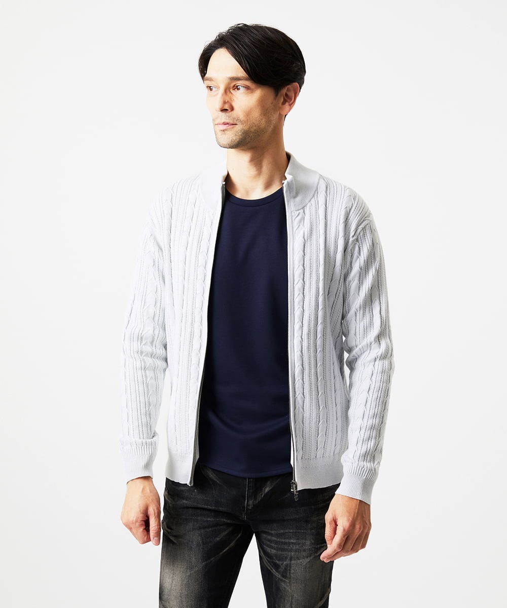 MNFAF51230 MICHEL KLEIN HOMME(ミッシェルクラン オム) 編み込みスタンドカラーニットブルゾン ライトグレー