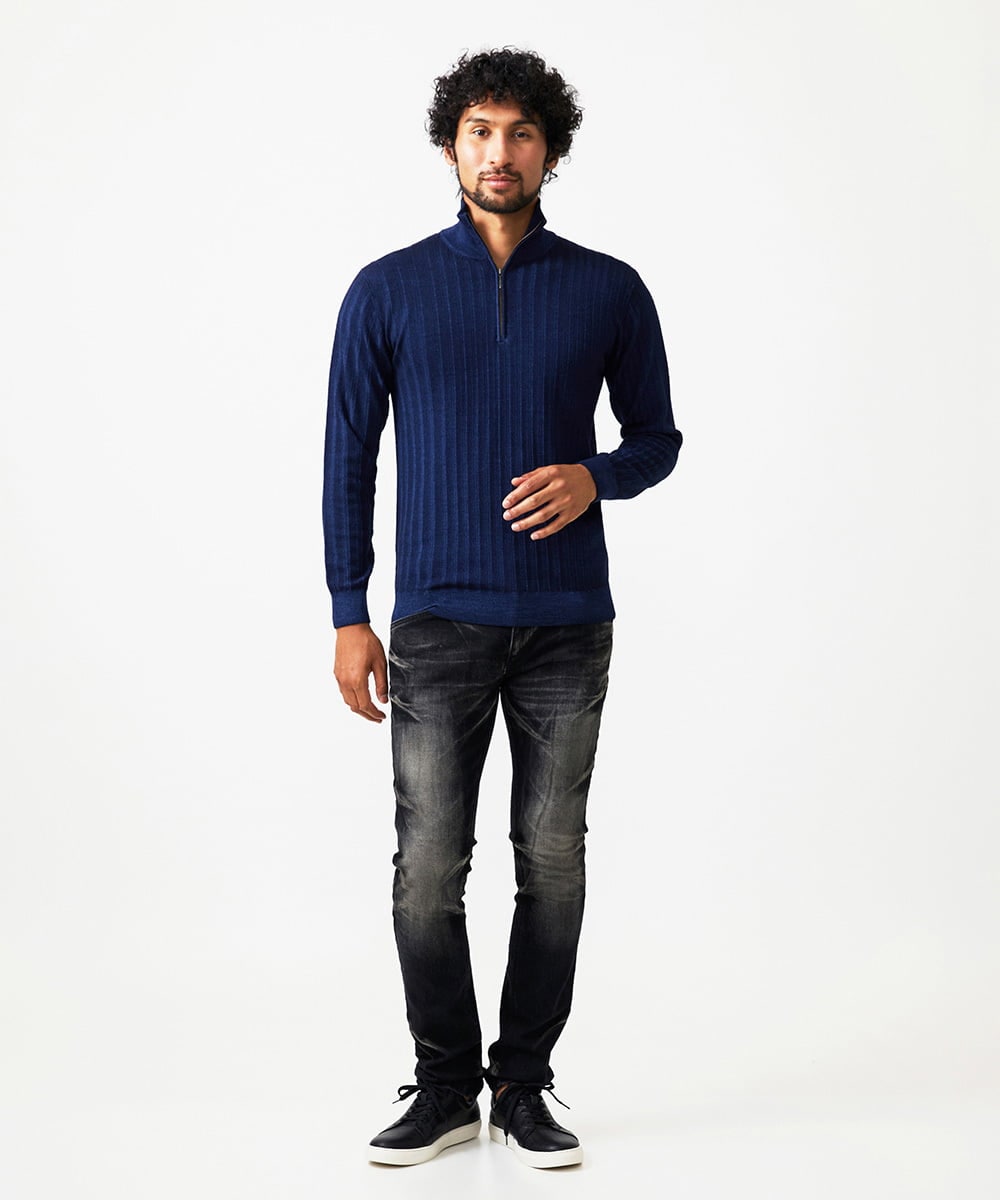 MNFCF12230 MICHEL KLEIN HOMME(ミッシェルクラン オム) ガーメントダイリブ　 ハーフジップニット ネイビー