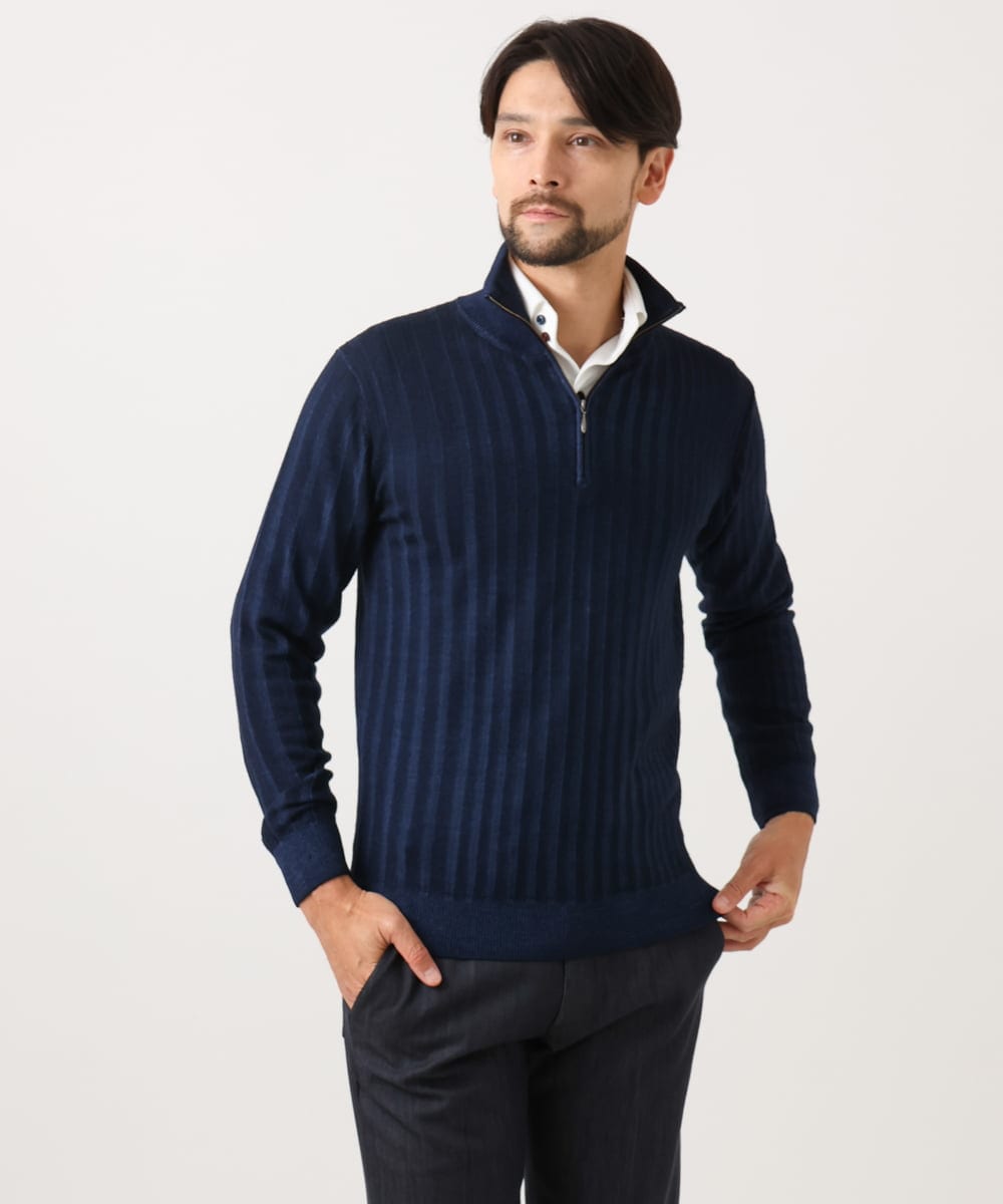 MNFCF12230 MICHEL KLEIN HOMME(ミッシェルクラン オム) ガーメントダイリブ　 ハーフジップニット ネイビー