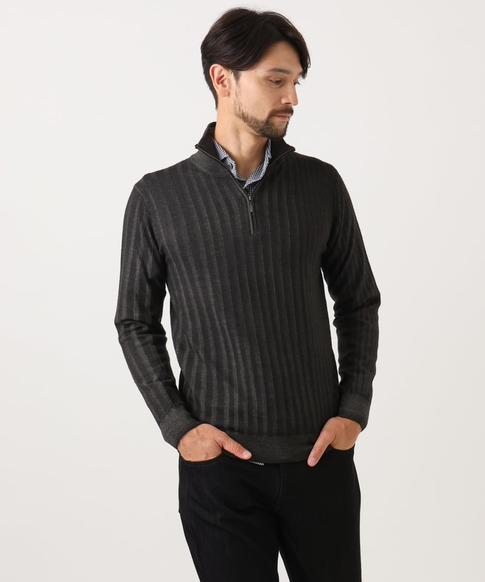 MNFCF12230 MICHEL KLEIN HOMME(ミッシェルクラン オム) ガーメントダイリブ　 ハーフジップニット ダークグレー