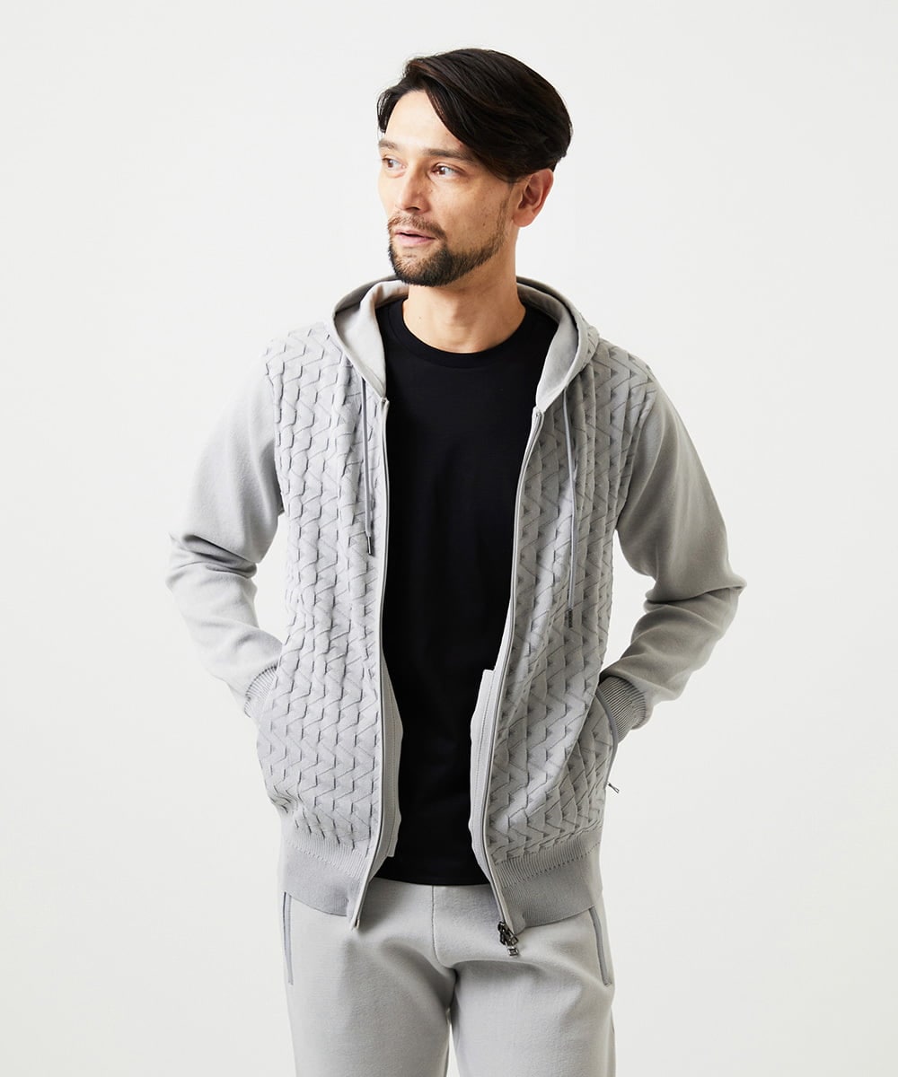 MNFDF52230 MICHEL KLEIN HOMME(ミッシェルクラン オム) 【セットアップ】ニットジップアップパーカー ライトグレー