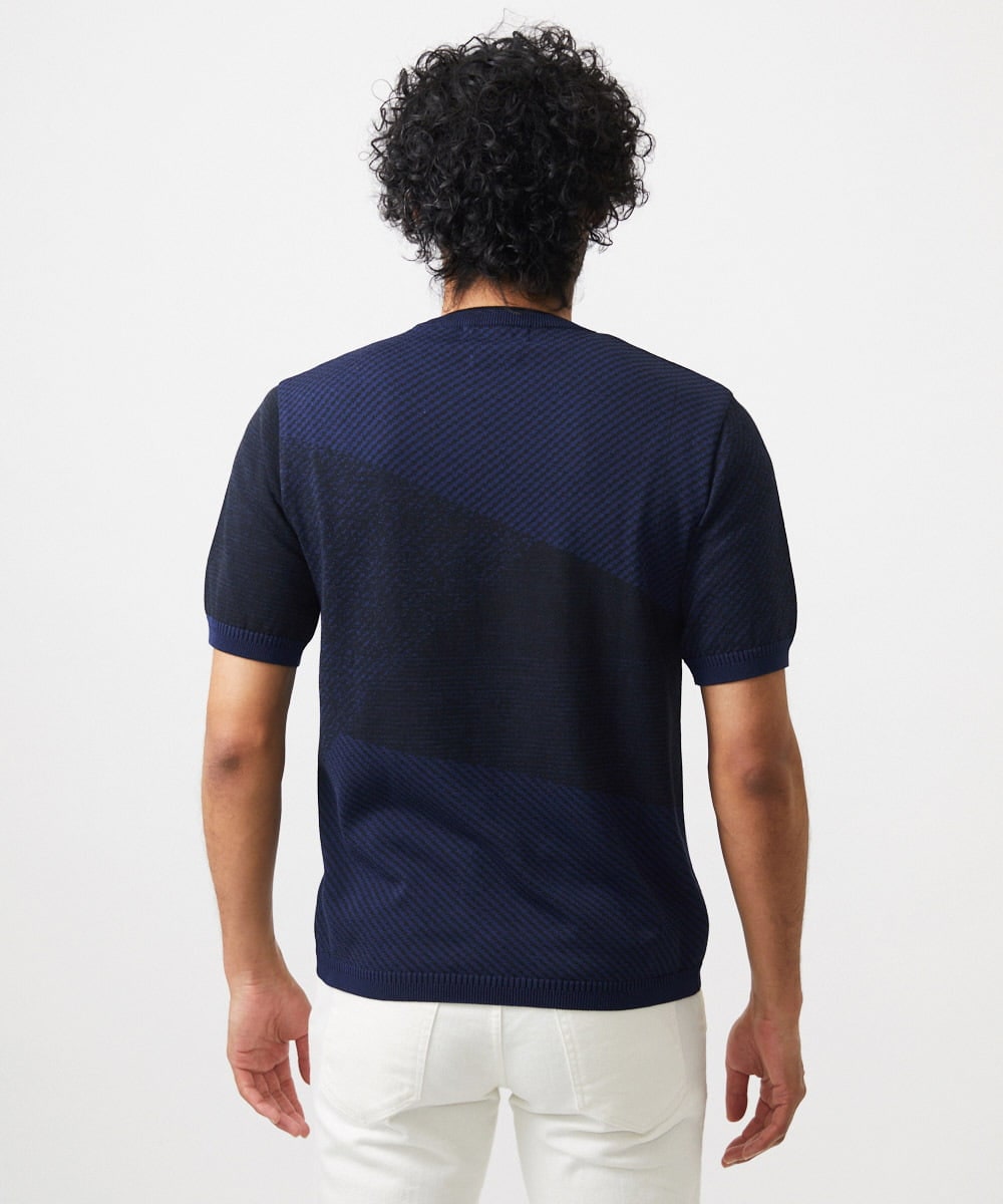 MNFGC56270 MICHEL KLEIN HOMME(ミッシェルクラン オム) ダイアゴナル柄クルーネック半袖ニット ネイビー