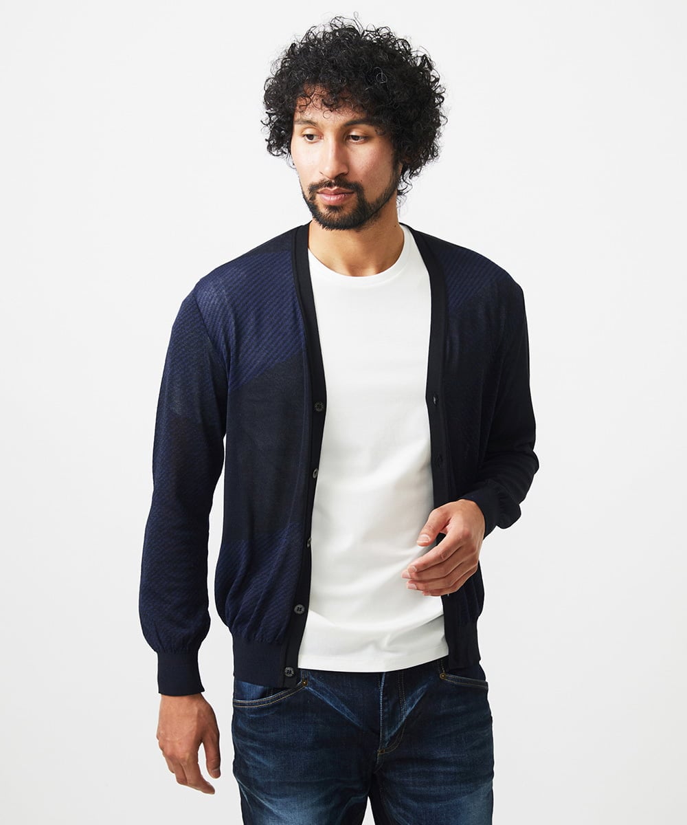 MNFGC57360 MICHEL KLEIN HOMME(ミッシェルクラン オム) ダイアゴナル柄ニットカーディガン ネイビー