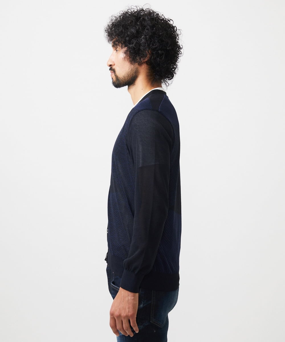 MNFGC57360 MICHEL KLEIN HOMME(ミッシェルクラン オム) ダイアゴナル柄ニットカーディガン ネイビー
