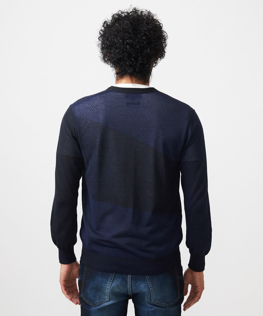 MNFGC57360 MICHEL KLEIN HOMME(ミッシェルクラン オム) ダイアゴナル柄ニットカーディガン ネイビー